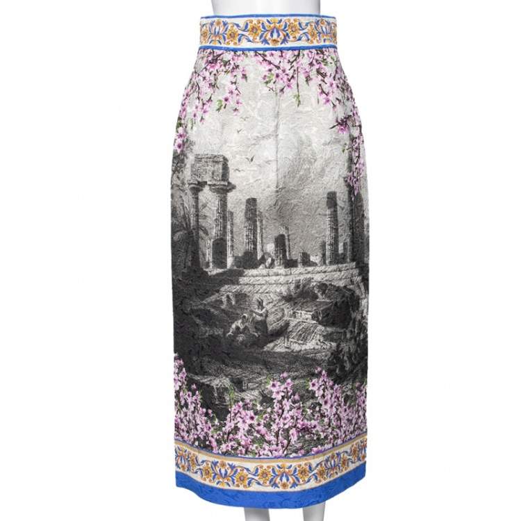 Pre Owned Dolce & Gabbana Multicolored Printed Brocade Midi Skirt M