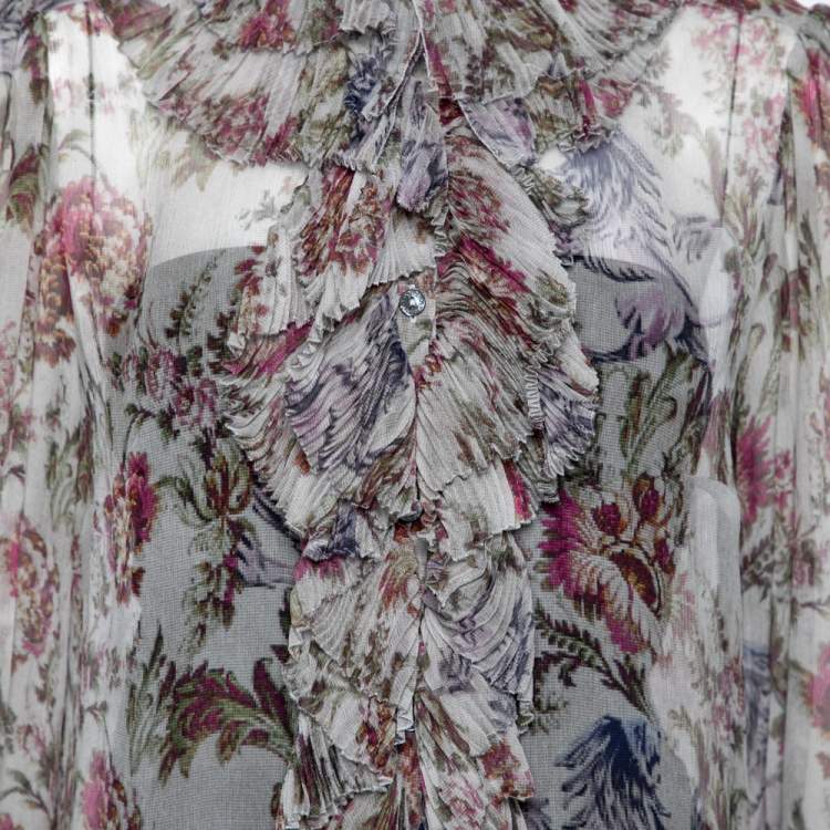 Pre Owned Dolce & Gabbana Floral Printed Silk Chiffon Pleated Blouse M