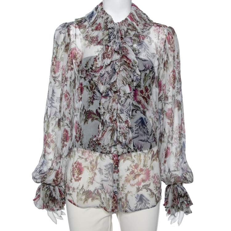 Pre Owned Dolce & Gabbana Floral Printed Silk Chiffon Pleated Blouse M