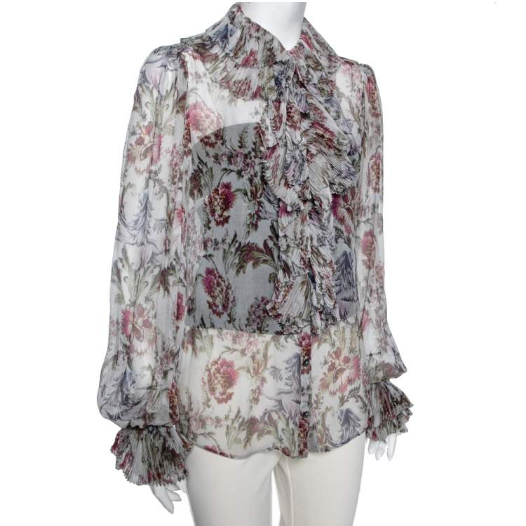 Pre Owned Dolce & Gabbana Floral Printed Silk Chiffon Pleated Blouse M