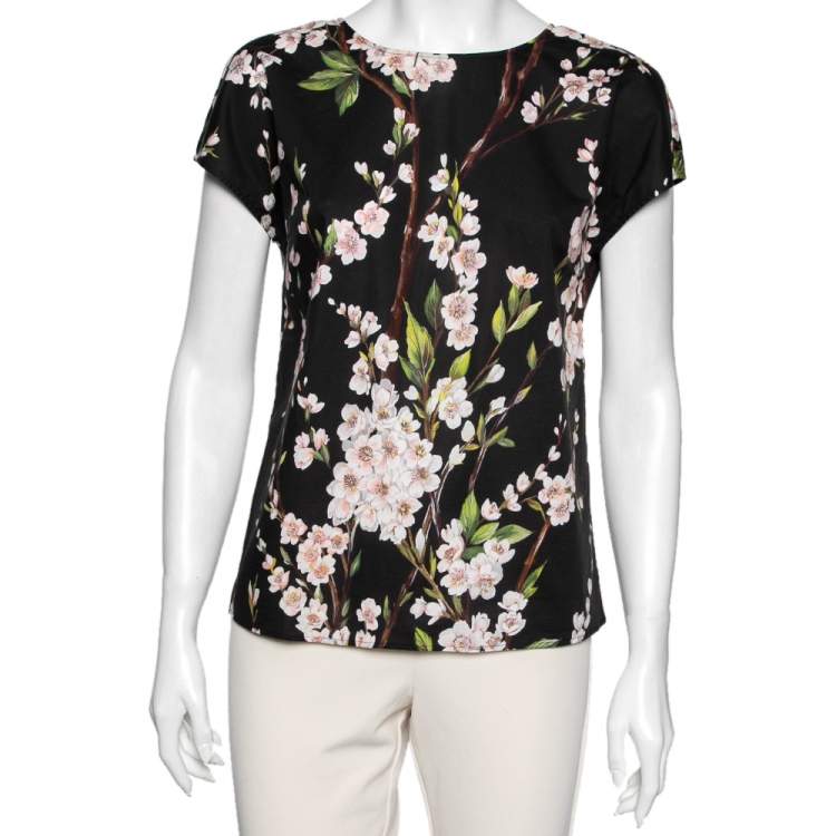 Pre Owned Dolce & Gabbana Black Floral Printed Cotton Top S
