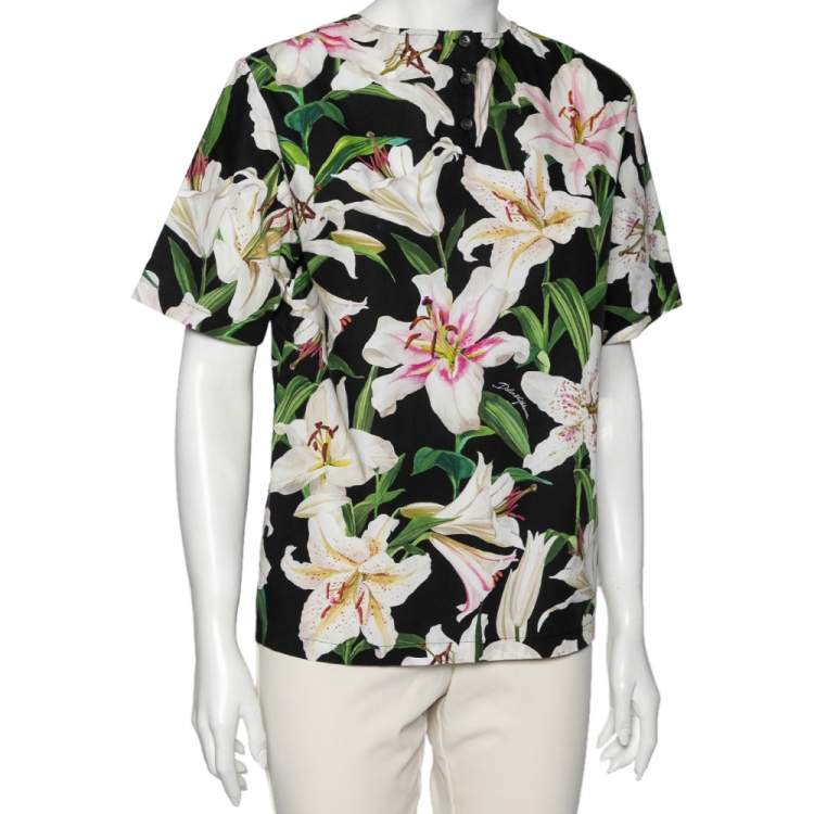 Pre Owned Dolce & Gabbana Multicolor Lily Print Cotton Short Sleeve Top M