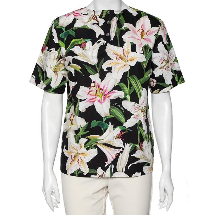 Pre Owned Dolce & Gabbana Multicolor Lily Print Cotton Short Sleeve Top M