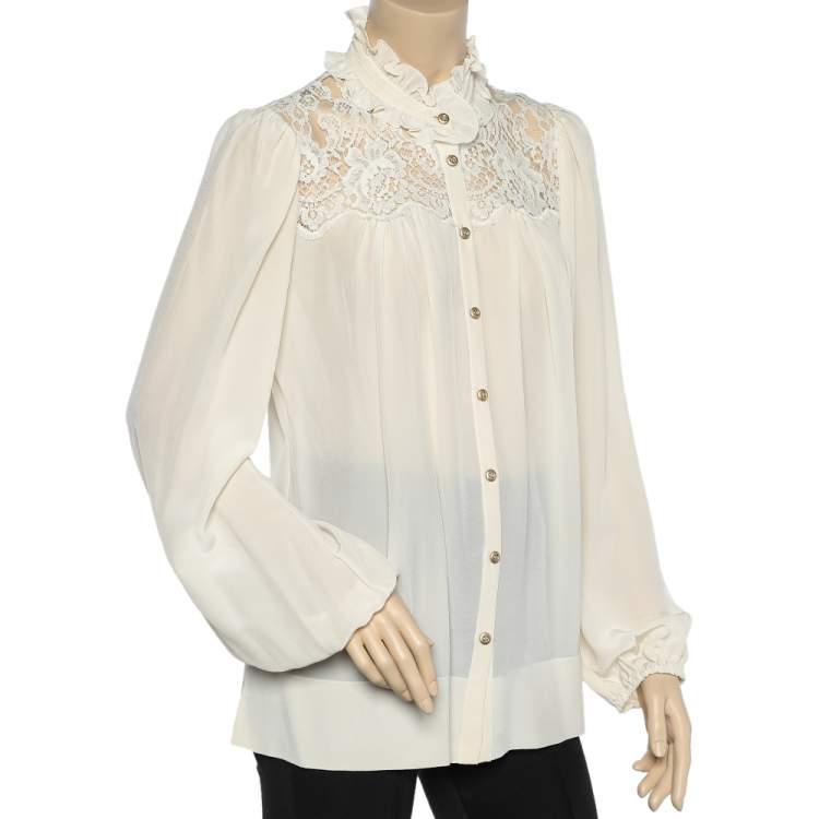 Pre Owned Dolce & Gabbana Cream Silk & Lace Paneled Ruffled Neck Shirt M
