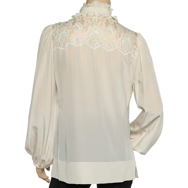 Pre Owned Dolce & Gabbana Cream Silk & Lace Paneled Ruffled Neck Shirt M