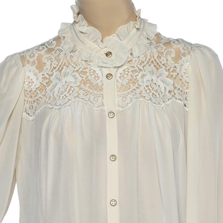 Pre Owned Dolce & Gabbana Cream Silk & Lace Paneled Ruffled Neck Shirt M