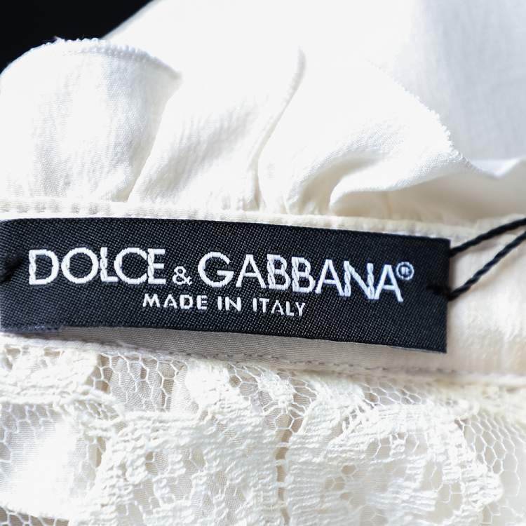 Pre Owned Dolce & Gabbana Cream Silk & Lace Paneled Ruffled Neck Shirt M