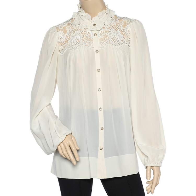 Pre Owned Dolce & Gabbana Cream Silk & Lace Paneled Ruffled Neck Shirt M