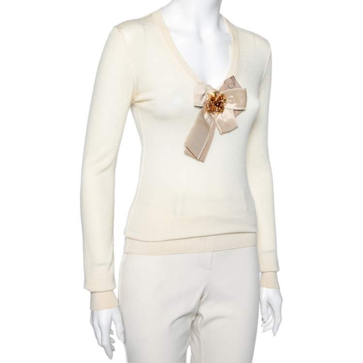 Pre Owned Dolce & Gabbana Vintage Yellow Cashmere Embellished Bow Detailed Sweater S