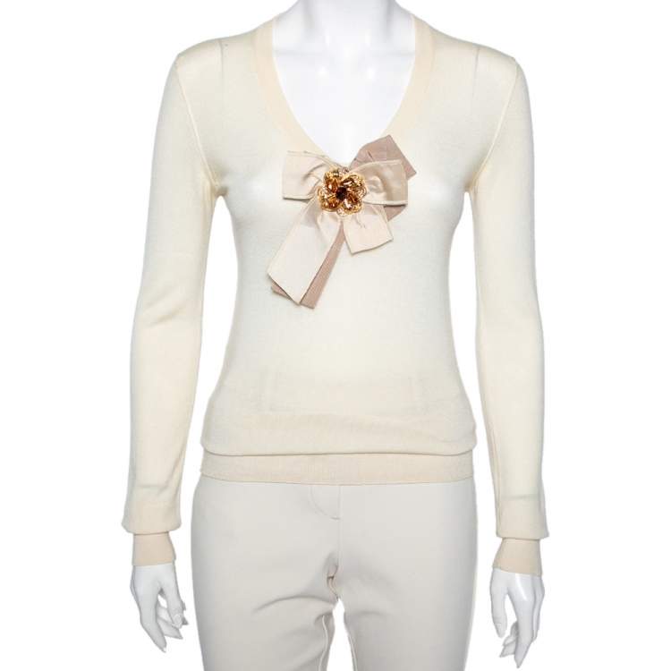 Pre Owned Dolce & Gabbana Vintage Yellow Cashmere Embellished Bow Detailed Sweater S