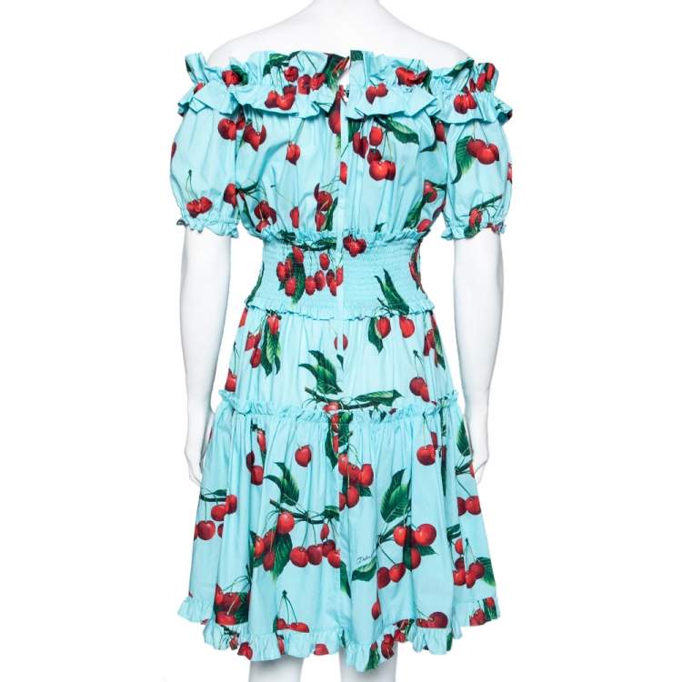 Pre Owned Dolce & Gabbana Exclusive Blue Cherry Print Cotton Ruffled Off-Shoulder Dress M