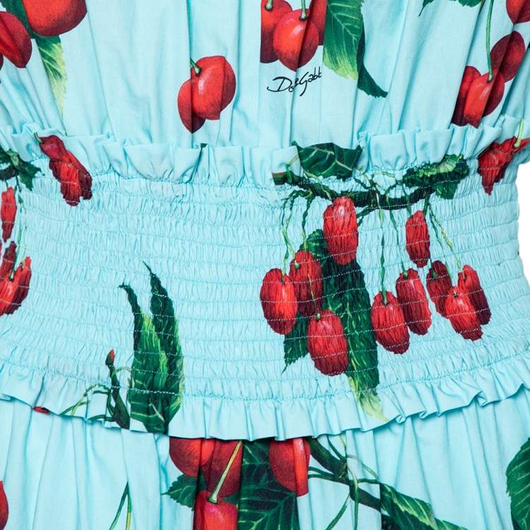 Pre Owned Dolce & Gabbana Exclusive Blue Cherry Print Cotton Ruffled Off-Shoulder Dress M