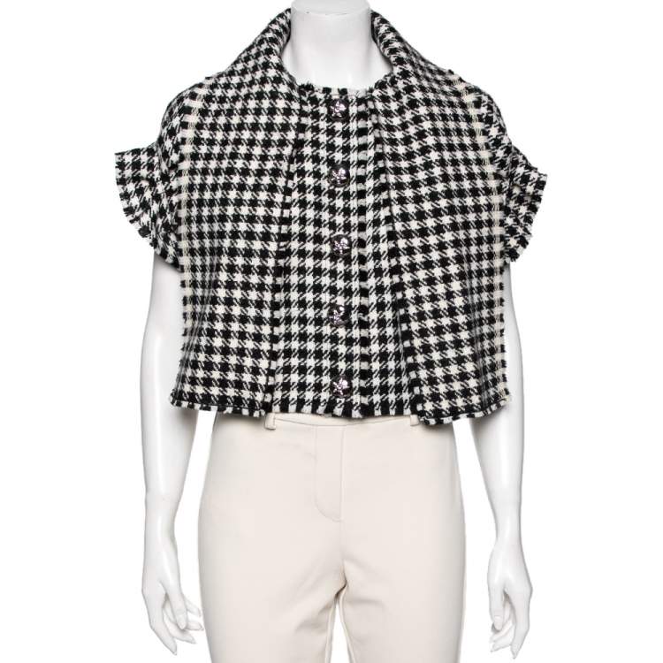 Pre Owned Dolce & Gabbana White & Black Houndstooth Wool Ruffled Sleeves Jacket M