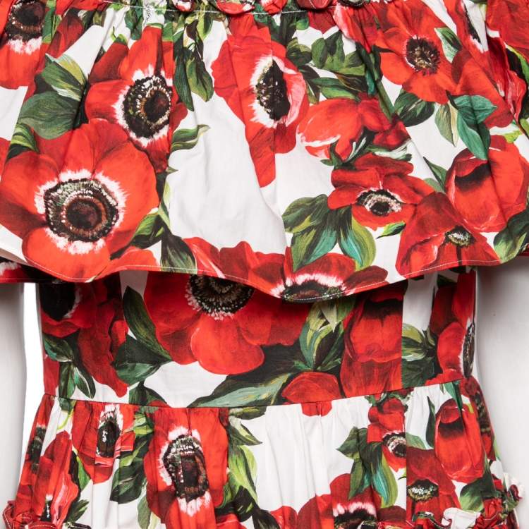 Pre Owned Dolce & Gabbana Red Floral Printed Cotton Ruffled Off Shoulder Mini Dress L