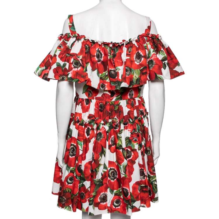 Pre Owned Dolce & Gabbana Red Floral Printed Cotton Ruffled Off Shoulder Mini Dress L