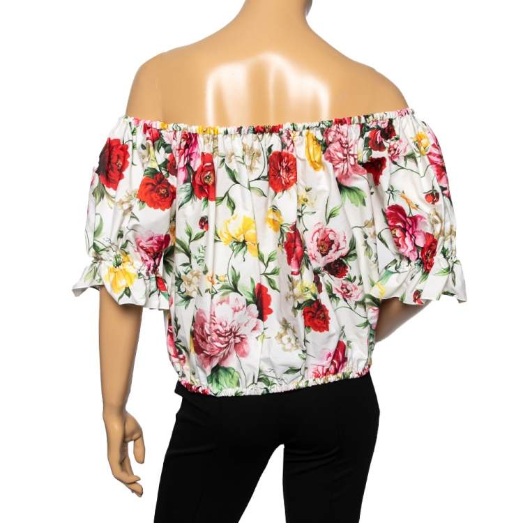Pre Owned Dolce & Gabbana White Floral Printed Cotton Off-Shoulder Top M