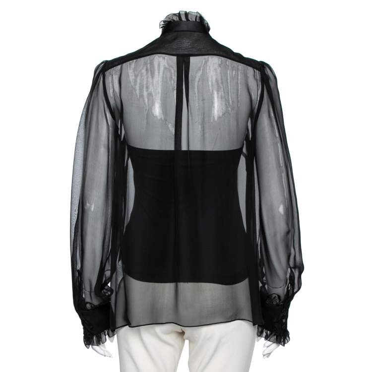 Pre Owned Dolce & Gabbana Black Silk & Lace Ruffle Trimmed Button Front Shirt L