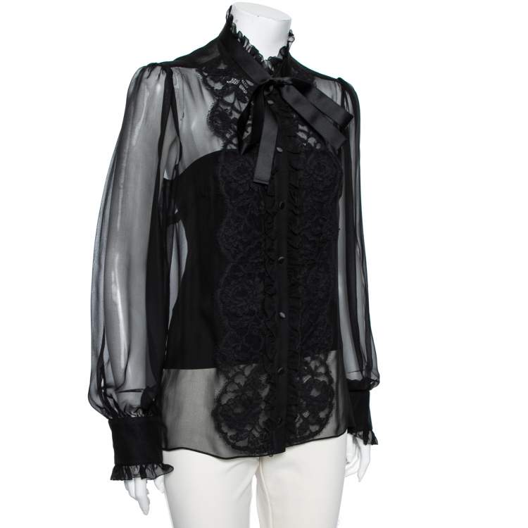 Pre Owned Dolce & Gabbana Black Silk & Lace Ruffle Trimmed Button Front Shirt L