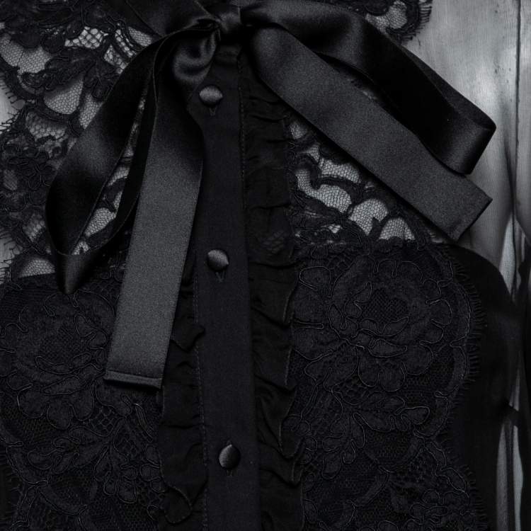 Pre Owned Dolce & Gabbana Black Silk & Lace Ruffle Trimmed Button Front Shirt L