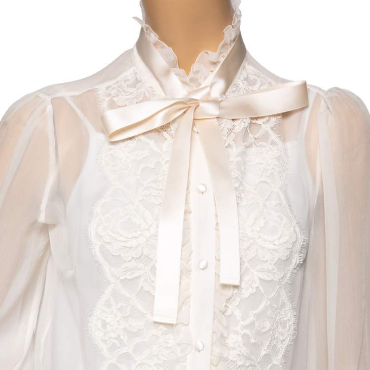 Pre Owned Dolce & Gabbana White Silk & Lace Ruffle Trimmed Button Front Shirt L