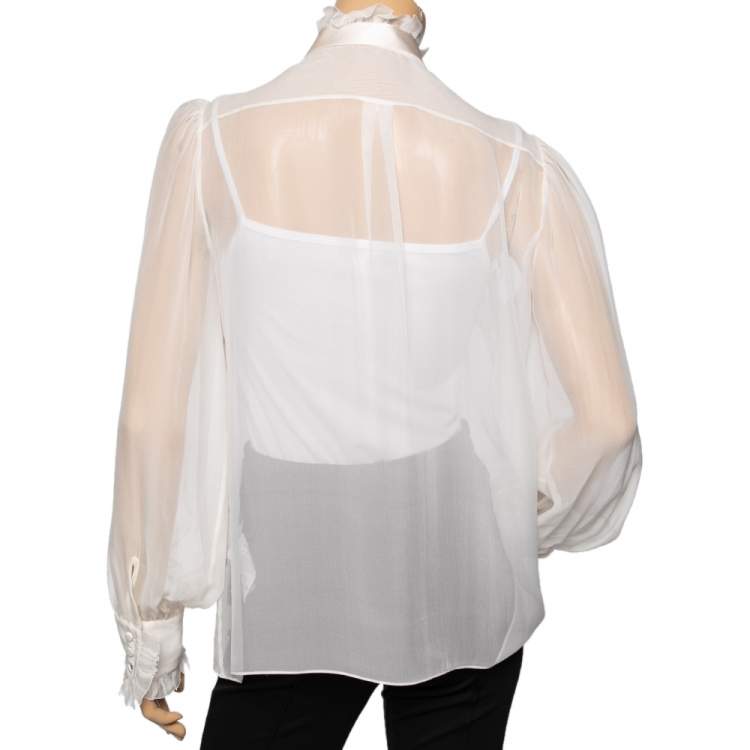 Pre Owned Dolce & Gabbana White Silk & Lace Ruffle Trimmed Button Front Shirt L