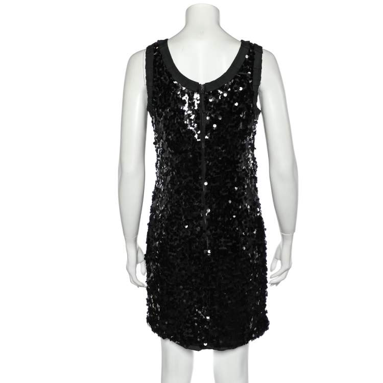 Pre Owned Dolce & Gabbana Black Sequin Embellished Tulle Trim Detail Sleeveless Sheath Dress M