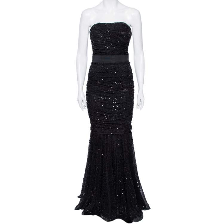 Pre Owned Dolce and Gabbana Black Sequin Embellished Tulle Ruched Strapless Gown S