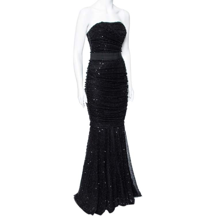 Pre Owned Dolce and Gabbana Black Sequin Embellished Tulle Ruched Strapless Gown S