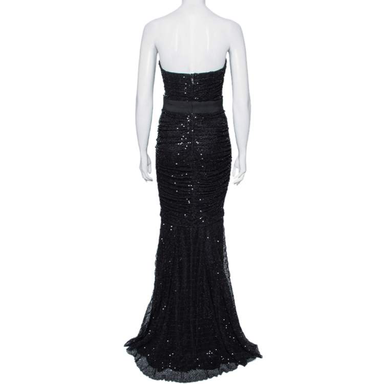 Pre Owned Dolce and Gabbana Black Sequin Embellished Tulle Ruched Strapless Gown S