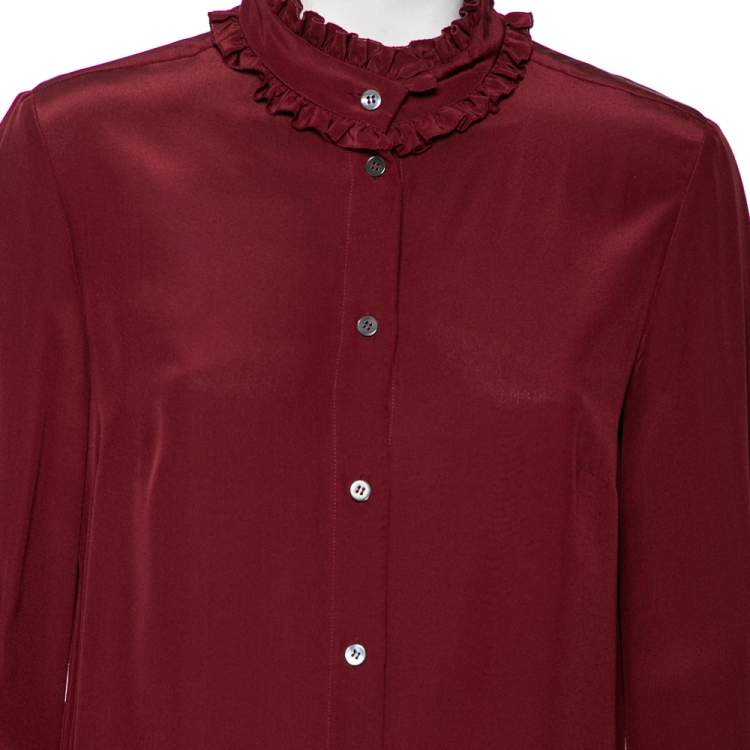 Pre Owned Dolce & Gabbana Burgundy Silk Ruffle Trim Detailed Button Front Shirt M 