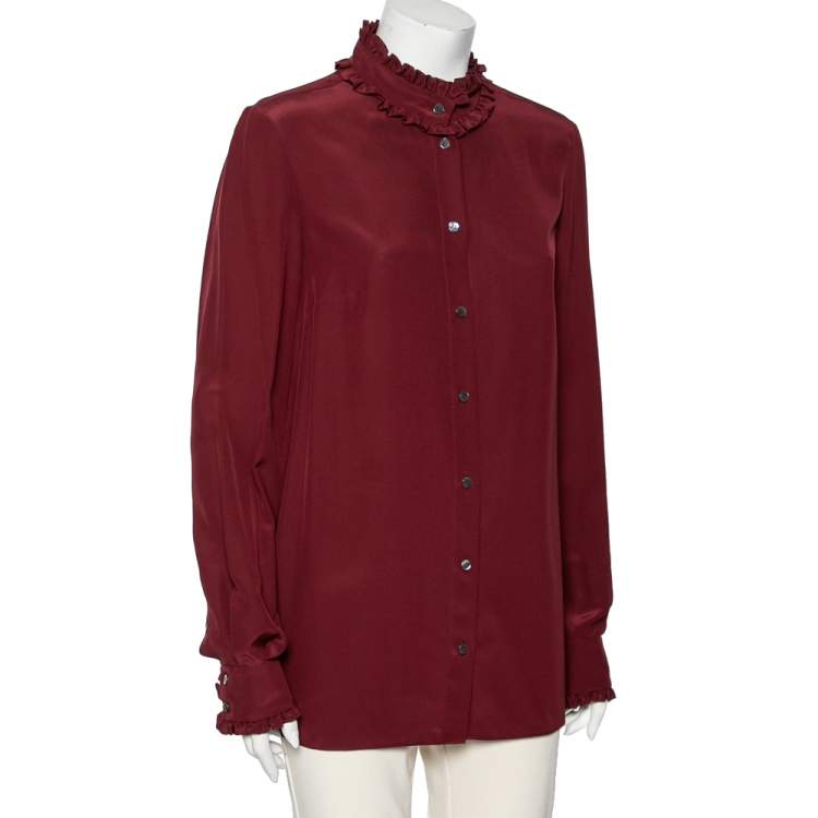Pre Owned Dolce & Gabbana Burgundy Silk Ruffle Trim Detailed Button Front Shirt M 