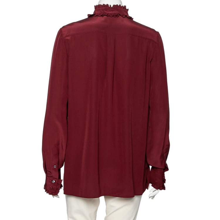 Pre Owned Dolce & Gabbana Burgundy Silk Ruffle Trim Detailed Button Front Shirt M 