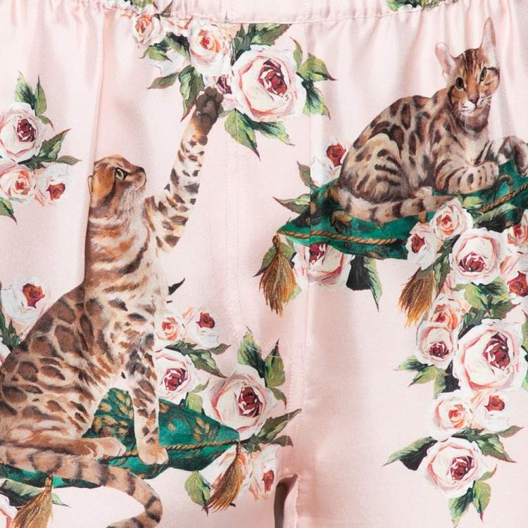 Pre Owned Dolce & Gabbana Pink Silk Floral & Cat Printed Pajama Pants M 