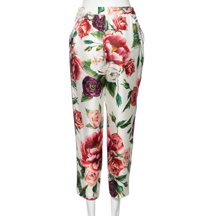 Pre Owned Dolce & Gabbana White Floral Printed Silk Tapered Pants M