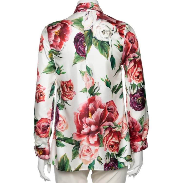 Pre Owned Dolce & Gabbana White Floral Printed Silk Button Front Shirt M 