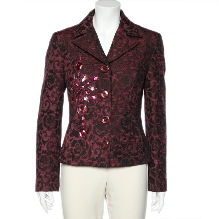 Pre Owned Dolce & Gabbana Burgundy Floral Jacquard Embellished Detail Blazer L