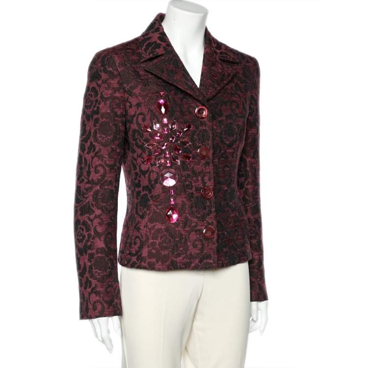 Pre Owned Dolce & Gabbana Burgundy Floral Jacquard Embellished Detail Blazer L