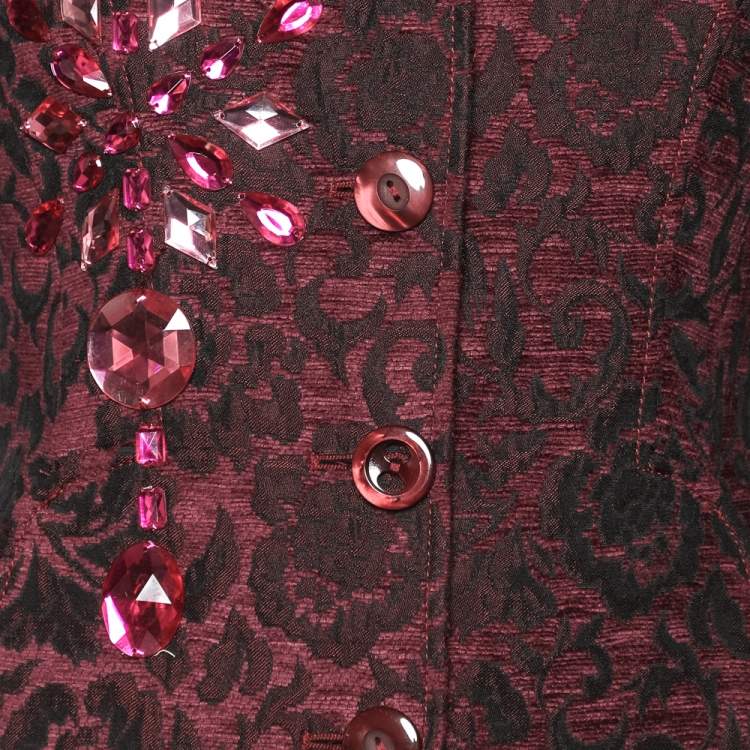 Pre Owned Dolce & Gabbana Burgundy Floral Jacquard Embellished Detail Blazer L