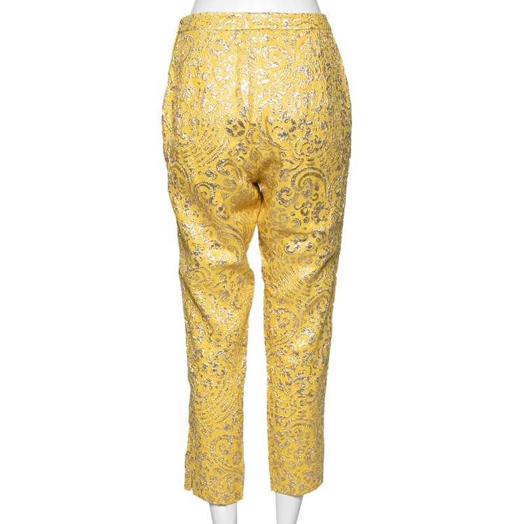Pre Owned Dolce & Gabbana Yellow Lurex Floral Jacquard Cropped Pants S