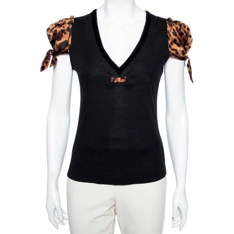 Pre Owned Dolce & Gabbana Black Satin & Animal Printed Satin V-Neck T-Shirt S
