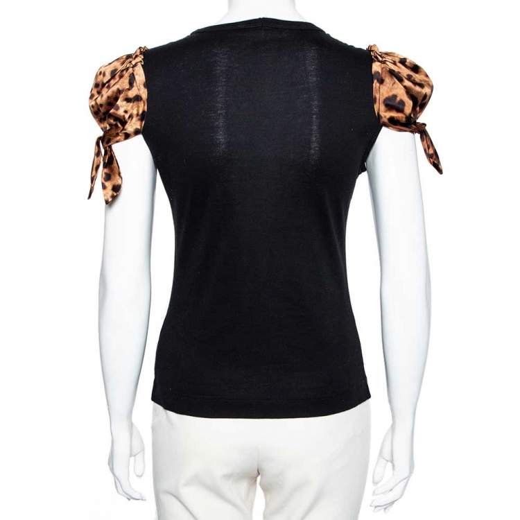 Pre Owned Dolce & Gabbana Black Satin & Animal Printed Satin V-Neck T-Shirt S