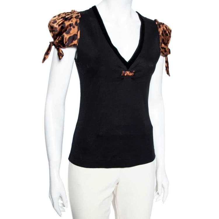 Pre Owned Dolce & Gabbana Black Satin & Animal Printed Satin V-Neck T-Shirt S