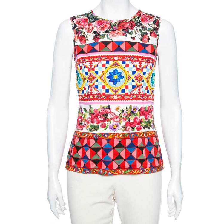Pre Owned Dolce & Gabbana Multicolor Printed Silk Sleeveless Top M