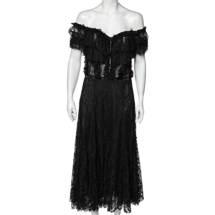 Pre Owned Dolce & Gabbana Black Lace Ruffled Off Shoulder Midi Dress L