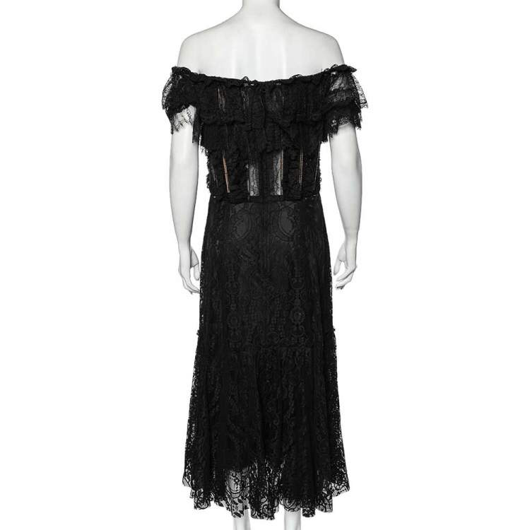 Pre Owned Dolce & Gabbana Black Lace Ruffled Off Shoulder Midi Dress L
