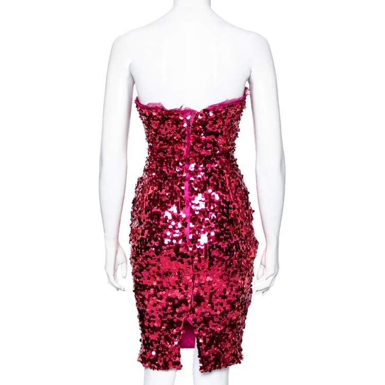 Pre Owned Dolce & Gabbana Pink Sequin Embellished Ruched Strapless Dress S