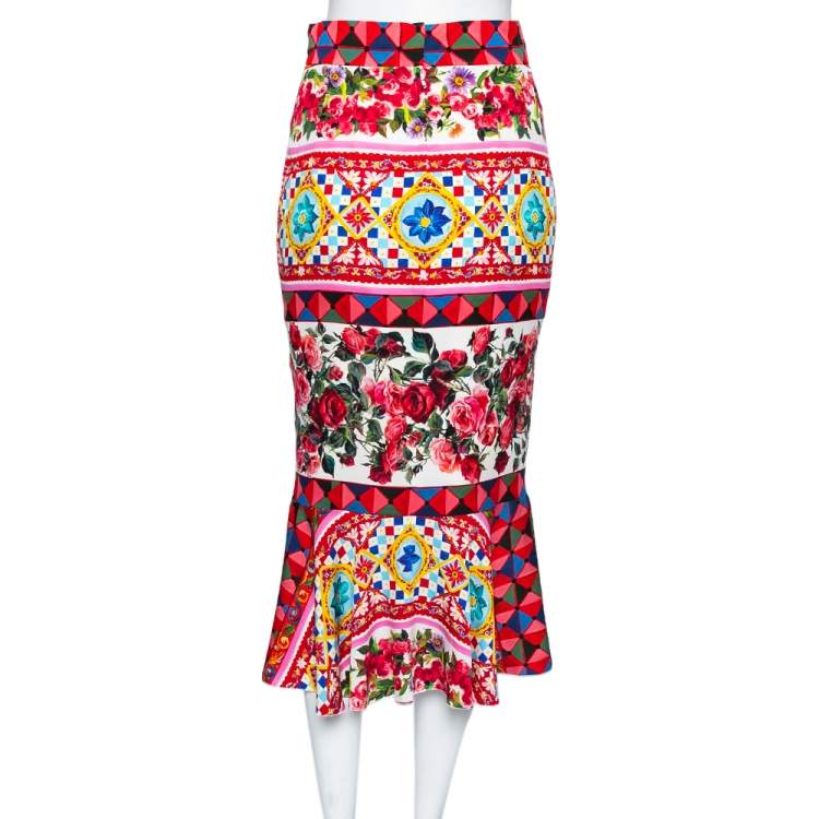 Pre Owned Dolce & Gabbana Multicolored Printed Silk Flounce Skirt S 