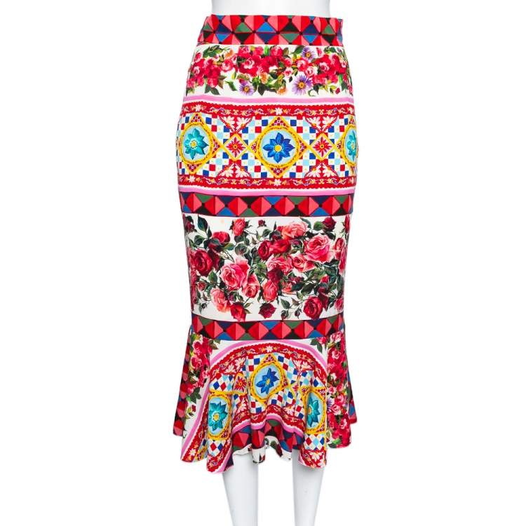 Pre Owned Dolce & Gabbana Multicolored Printed Silk Flounce Skirt S 