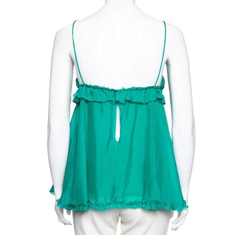 Pre Owned Dolce & Gabbana Green Silk Tie Detail Ruffled Sleeveless Top S