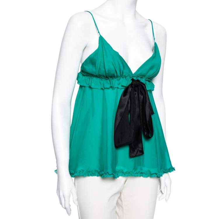Pre Owned Dolce & Gabbana Green Silk Tie Detail Ruffled Sleeveless Top S